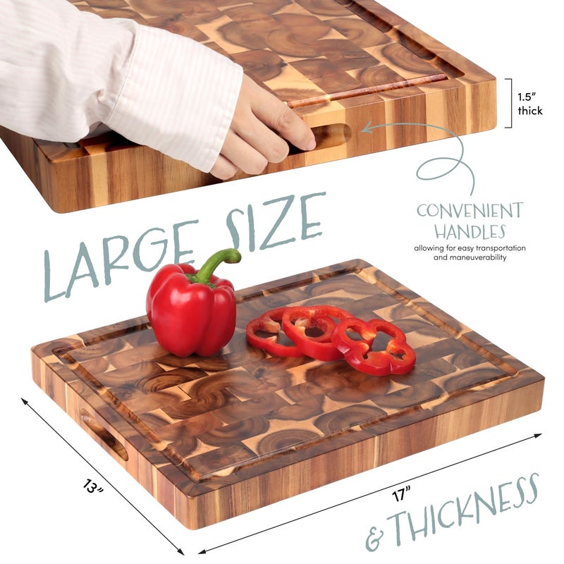 FANICHI Acacia End Grain Cutting Board (17x13x1.5in), Butcher Block - Reversible Multipurpose Chopping Board with Juice Groove, Cracker Holder & Inner Handles - Image 5